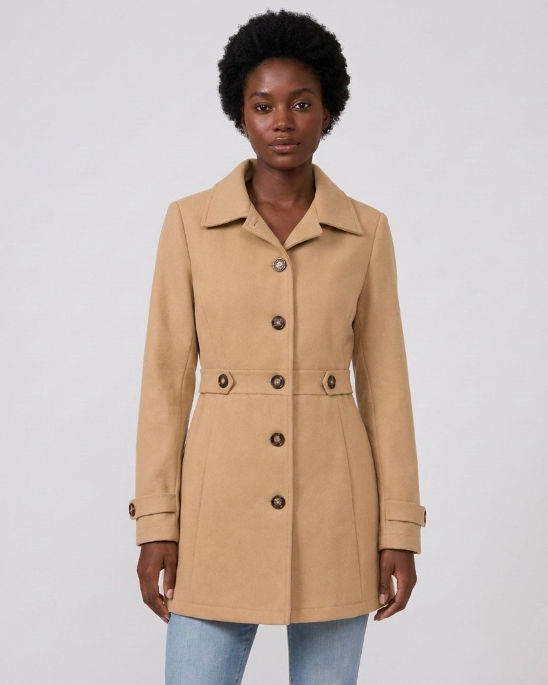 Charlotte tailored single-breasted coat with wide collar in khaki, front view