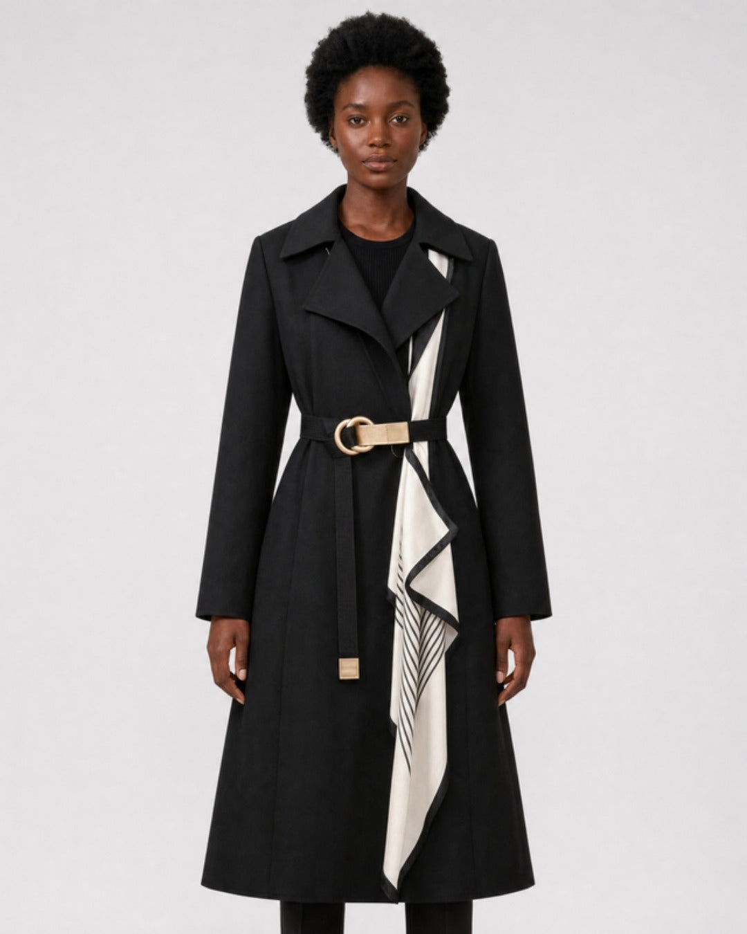 Florence A-line midi trench coat with tie belt in black, model photo