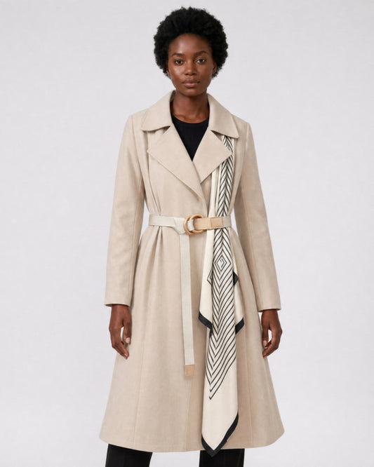 Florence A-line midi trench coat with tie belt in beige, model photo