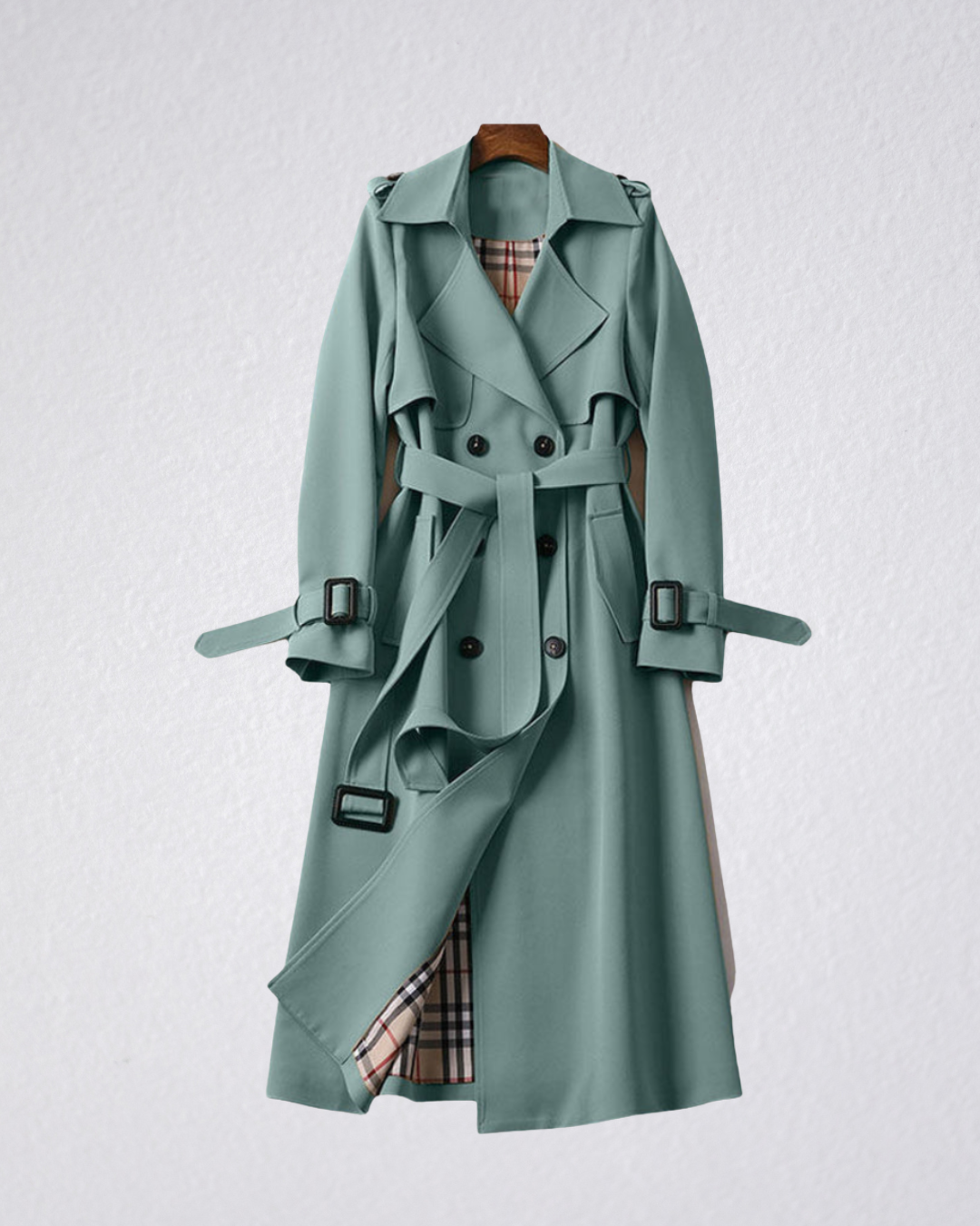 Beatrice belted double-breasted trench coat with check lining, model photo