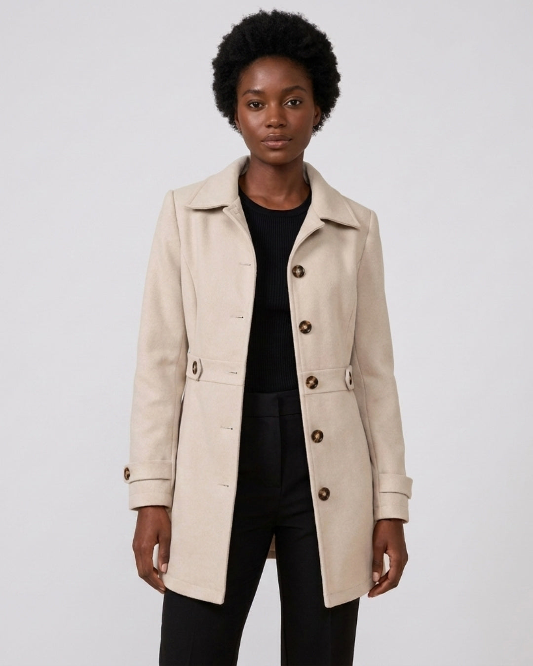Charlotte tailored single-breasted coat with wide collar in champagne, front view