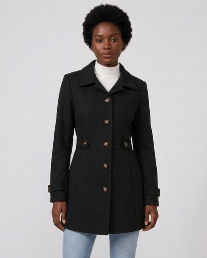 Charlotte tailored single-breasted coat with wide collar in black, front view