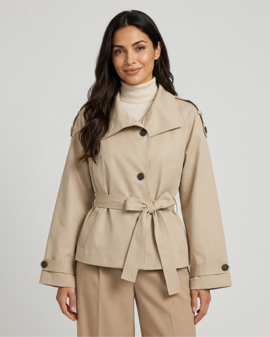 Audrey short trench coat with tie belt and wide collar in beige, front view