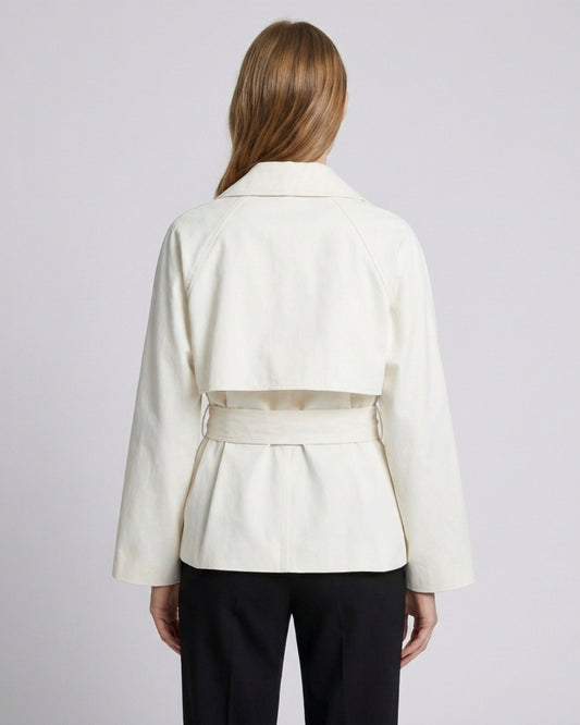 Harper short asymmetric double-breasted trench coat in beige, second model photo