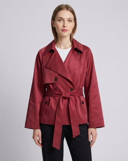Harper short asymmetric double-breasted trench coat in burgundy, front view