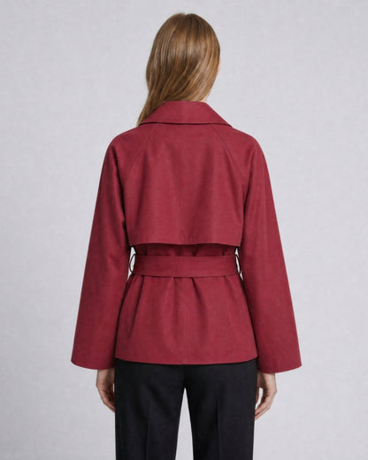 Harper short asymmetric double-breasted trench coat in burgundy, second view