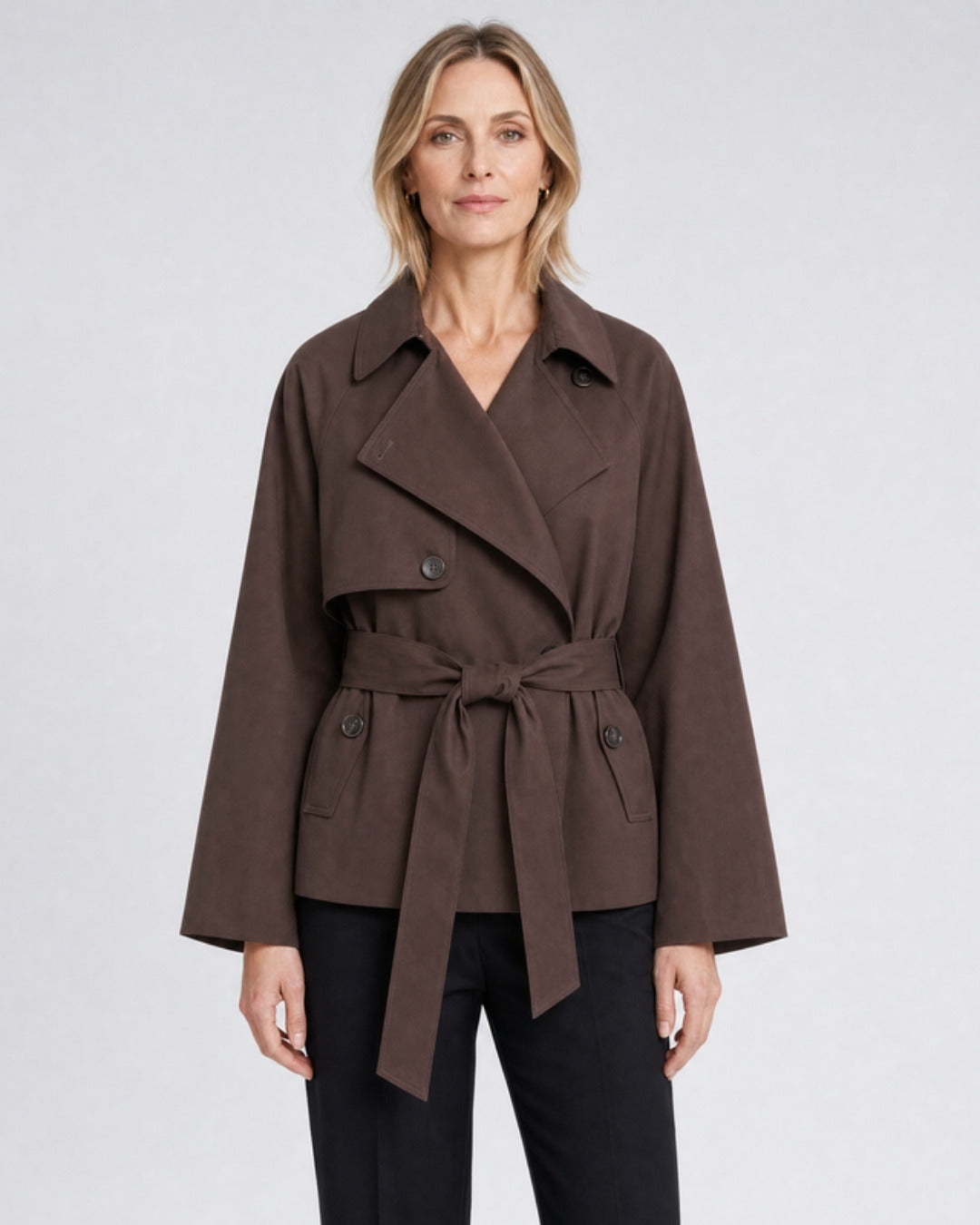 Harper short asymmetric double-breasted trench coat in brown, front view