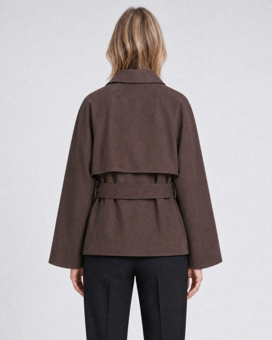 Harper short asymmetric double-breasted trench coat in brown, back view