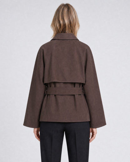 Harper short asymmetric double-breasted trench coat in brown, back view