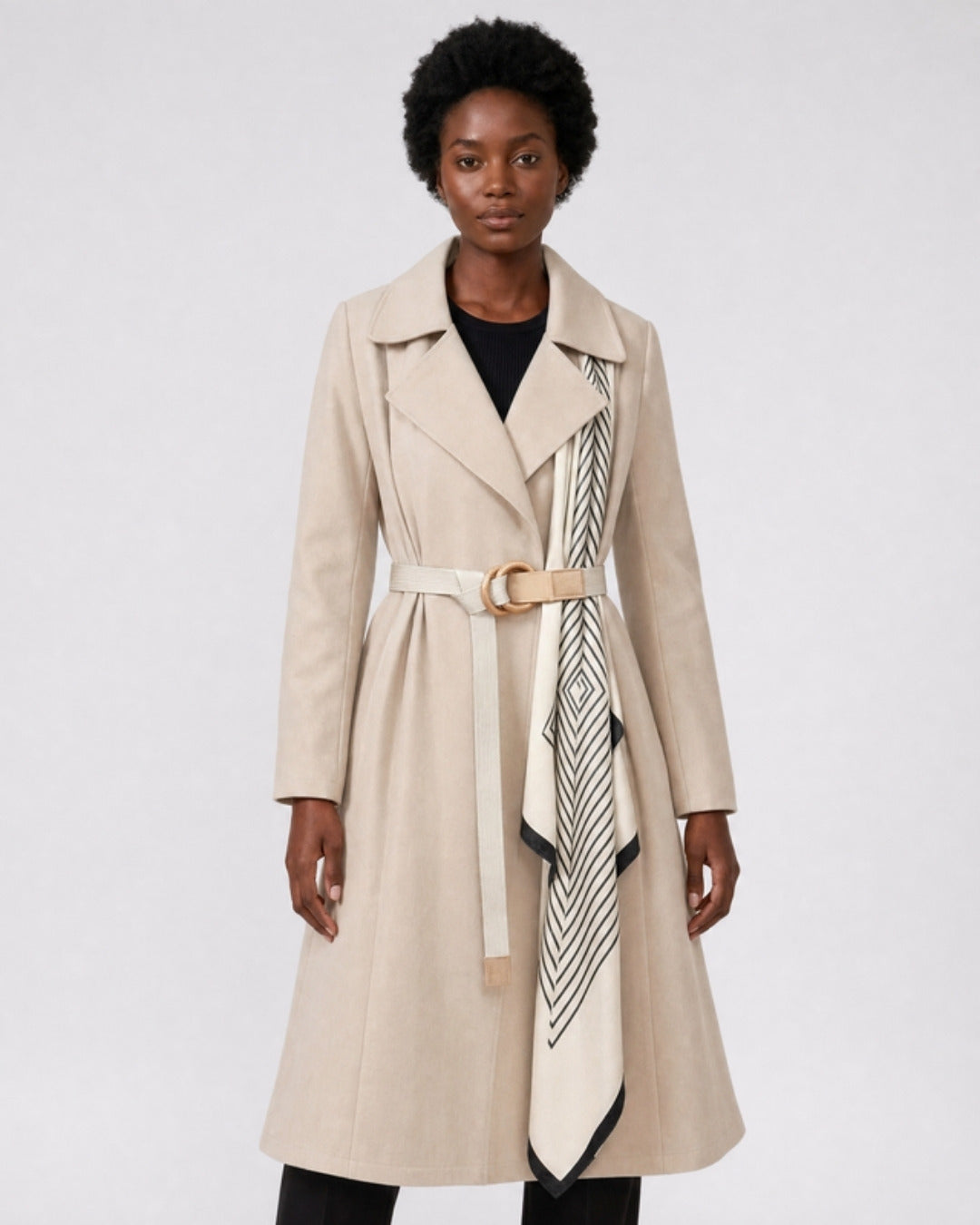 Florence A-line midi trench coat with tie belt in beige, model photo