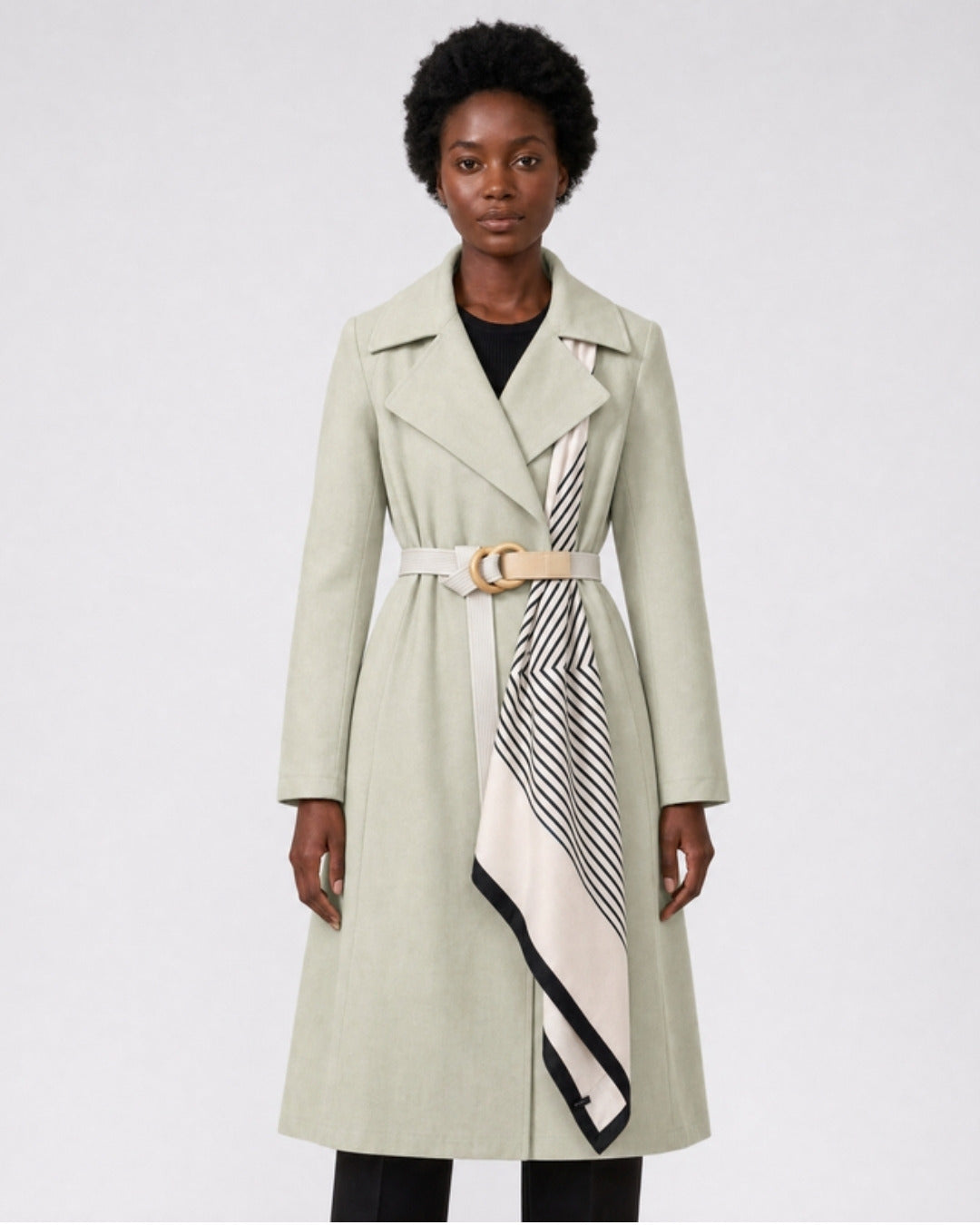Florence A-line midi trench coat with tie belt in green, model photo