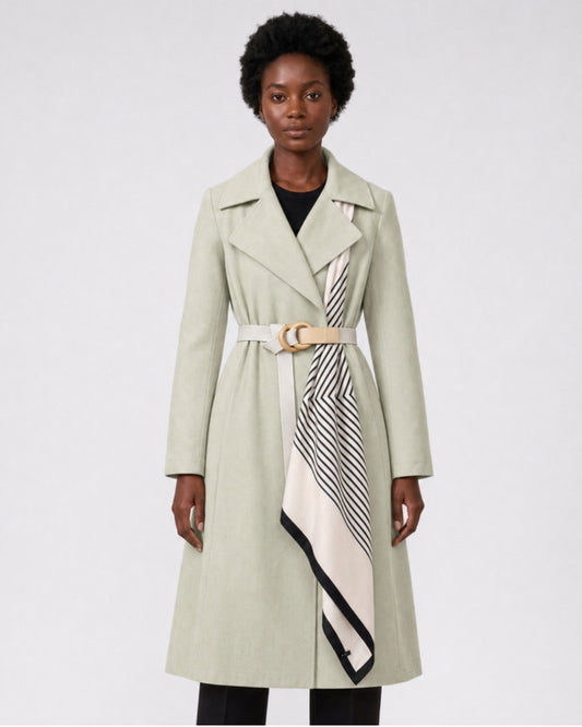 Florence A-line midi trench coat with tie belt in green, model photo