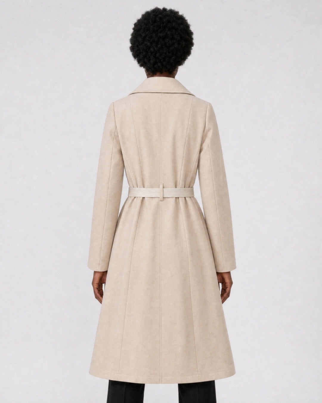 Florence A-line midi trench coat with tie belt, model photo