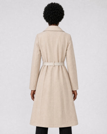 Florence A-line midi trench coat with tie belt, model photo