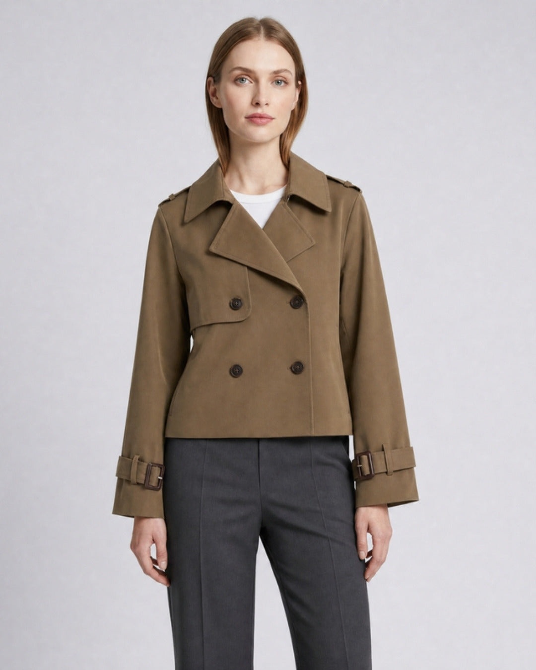Juliet cropped boxy trench coat with buckle cuffs in brown, model photo
