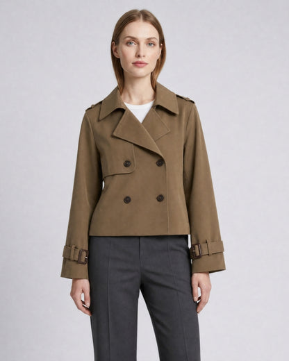 Juliet cropped boxy trench coat with buckle cuffs in brown, model photo