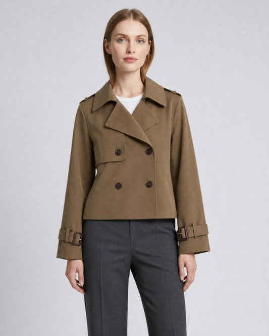 Juliet cropped boxy trench coat with buckle cuffs in brown, model photo