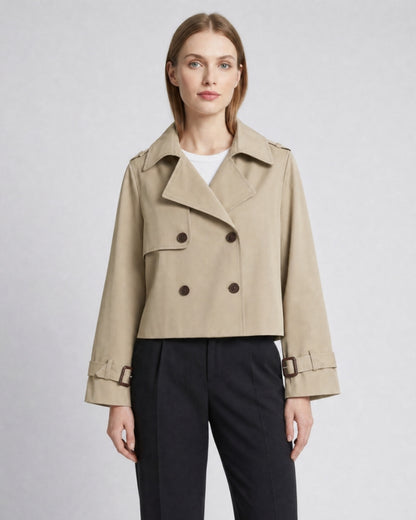 Juliet cropped boxy trench coat with buckle cuffs in beige, model photo