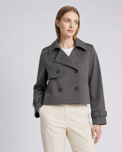 Juliet cropped boxy trench coat with buckle cuffs in gray, model photo