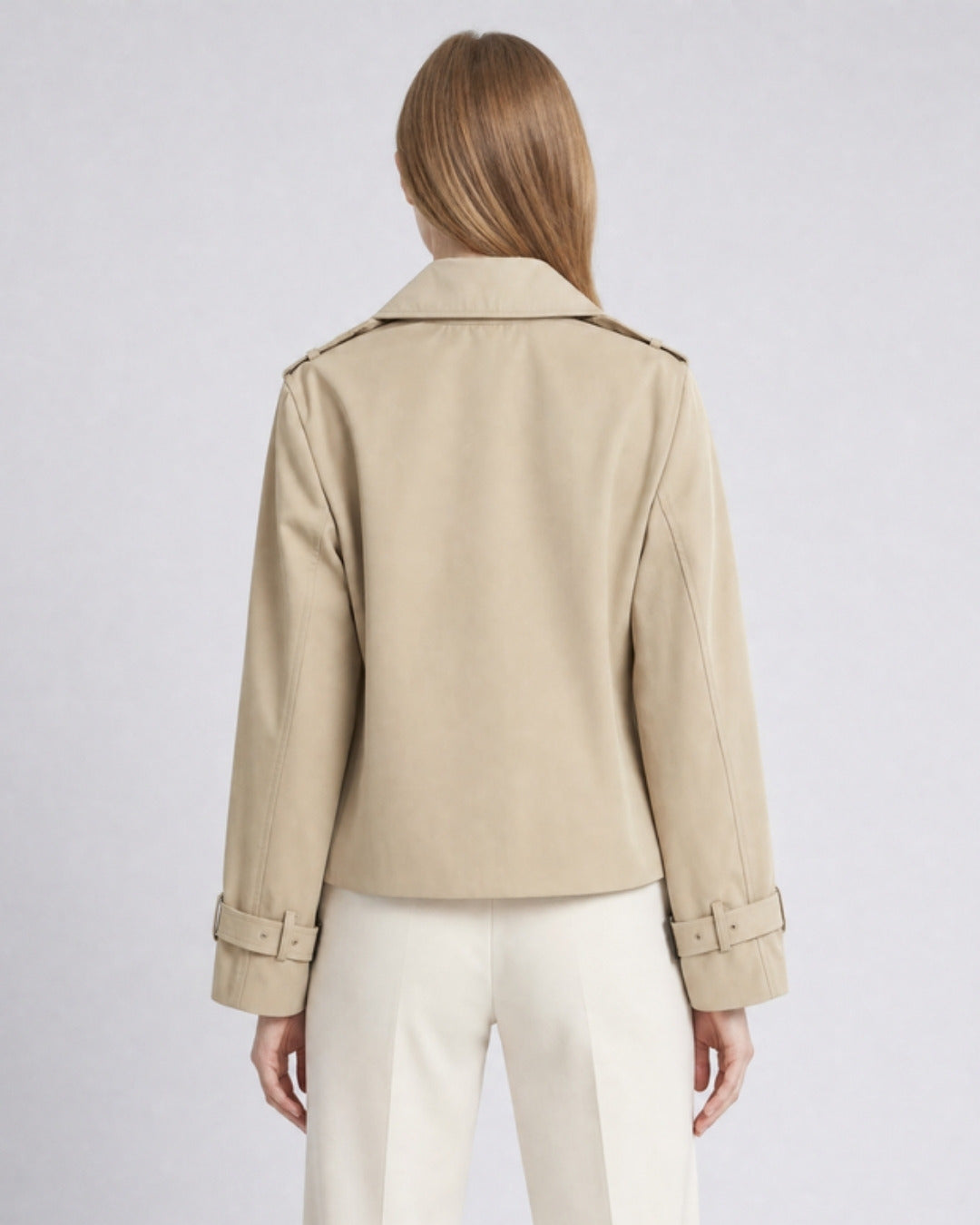 Juliet cropped boxy trench coat with buckle cuffs, model photo