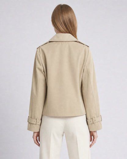 Juliet cropped boxy trench coat with buckle cuffs, model photo
