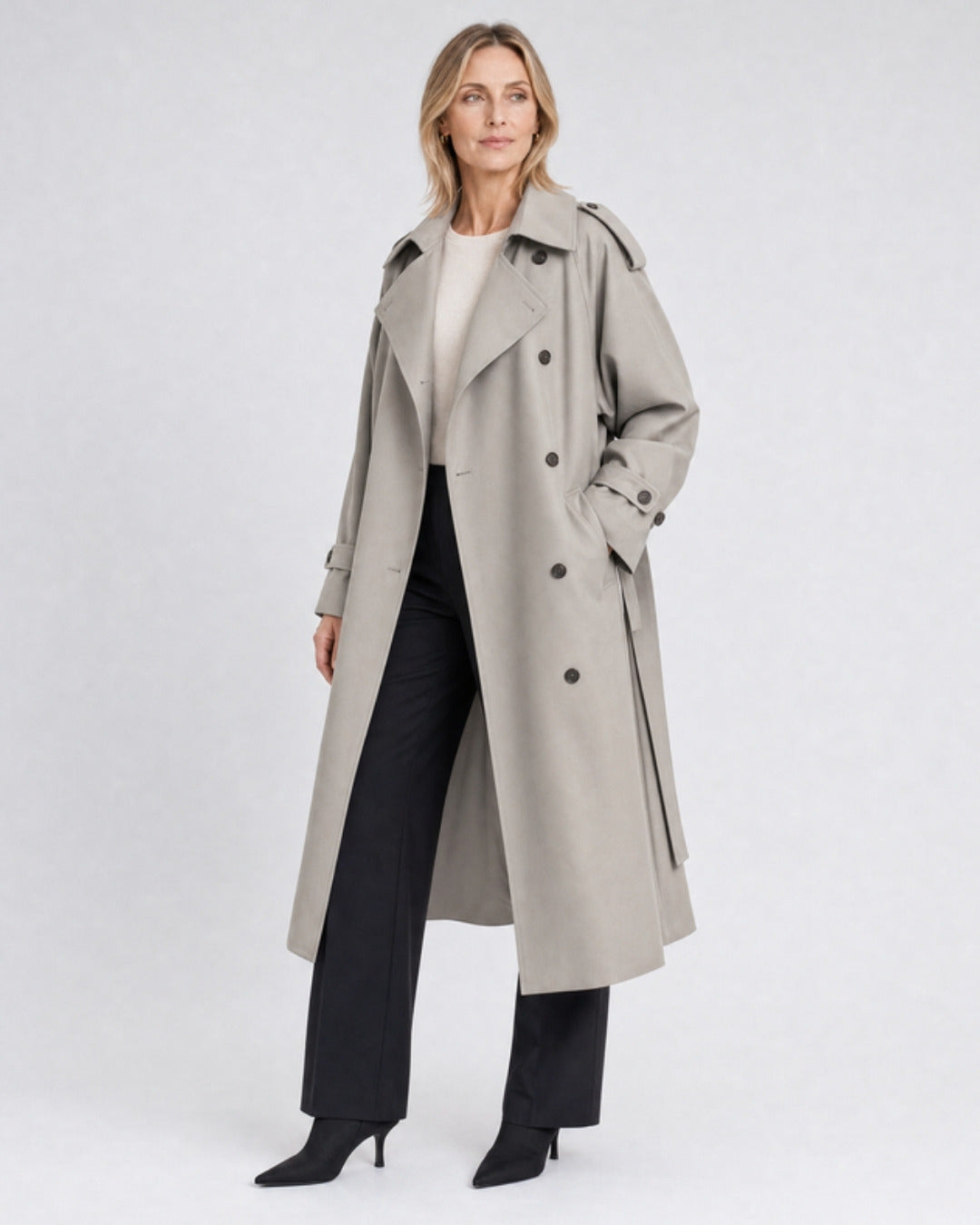 Margot long water-repellent double-breasted trench coat in gray, model photo