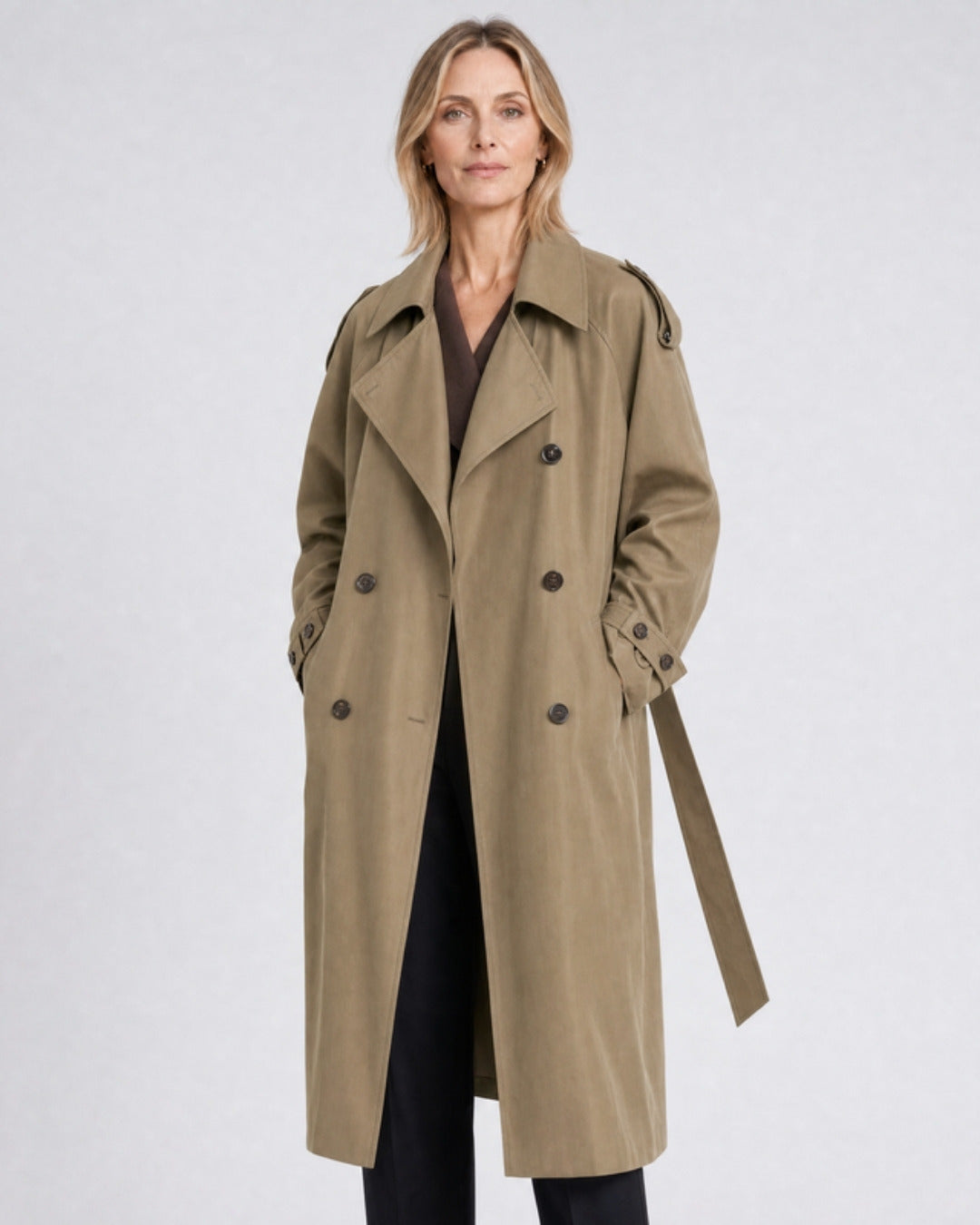 Margot long water-repellent double-breasted trench coat in khaki, model photo