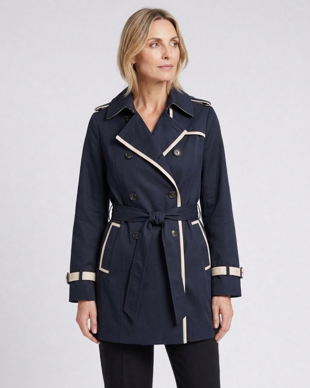 Vivienne double-breasted trench coat with contrast trim in black