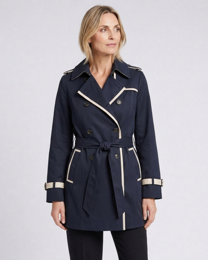 Vivienne double-breasted trench coat with contrast trim in black