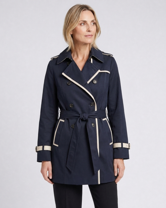 Vivienne double-breasted trench coat with contrast trim in black