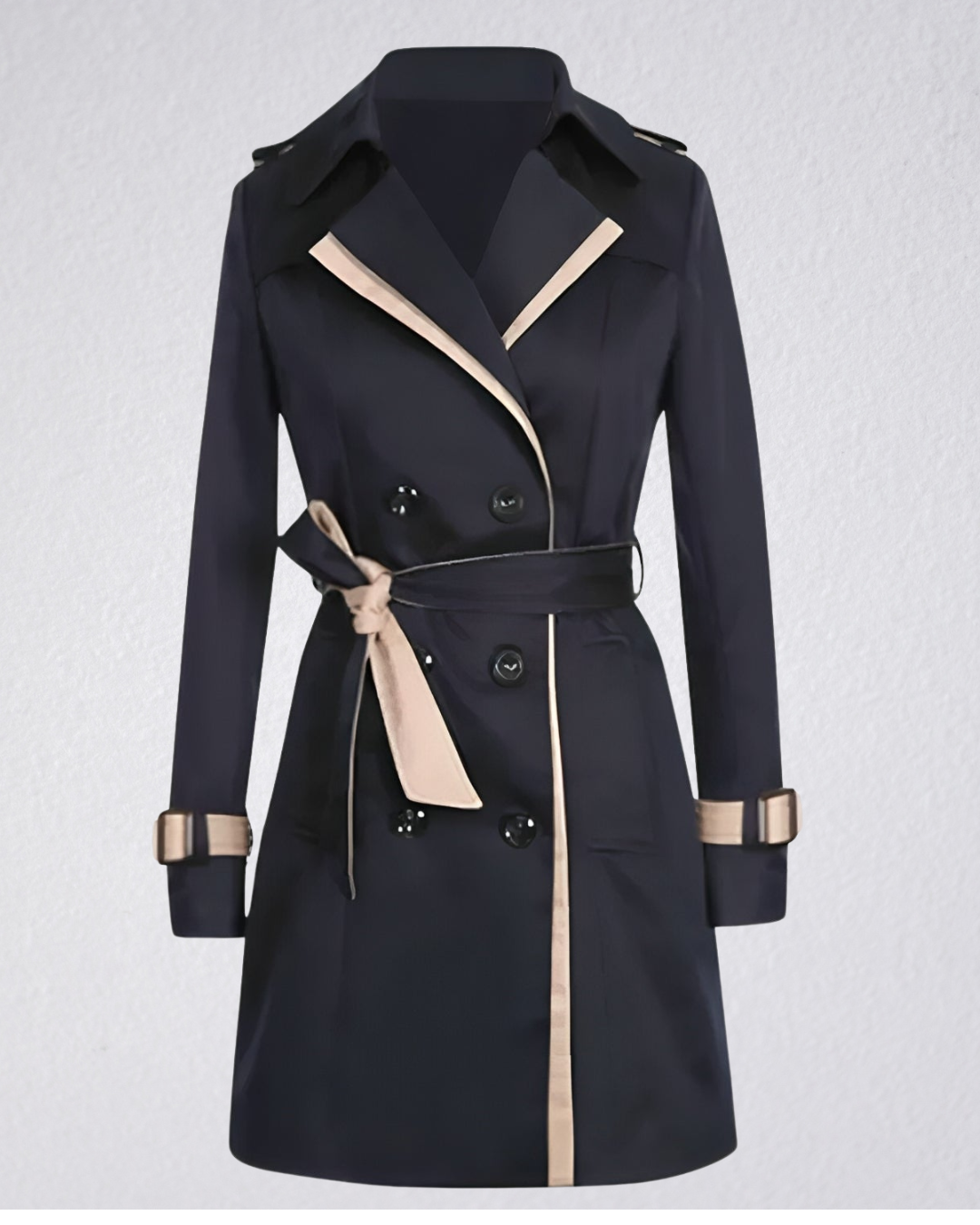 Vivienne double-breasted trench coat with contrast trim, model photo