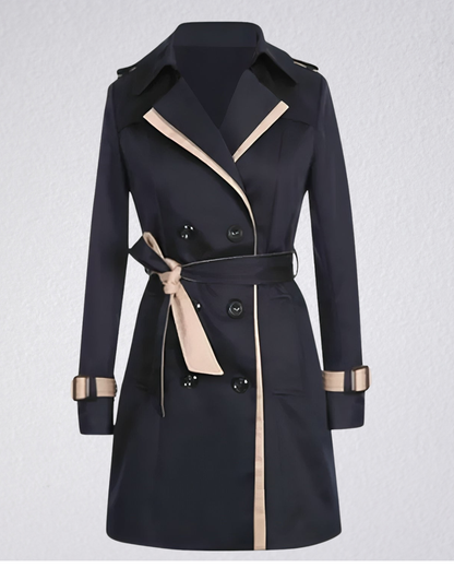 Vivienne double-breasted trench coat with contrast trim, model photo