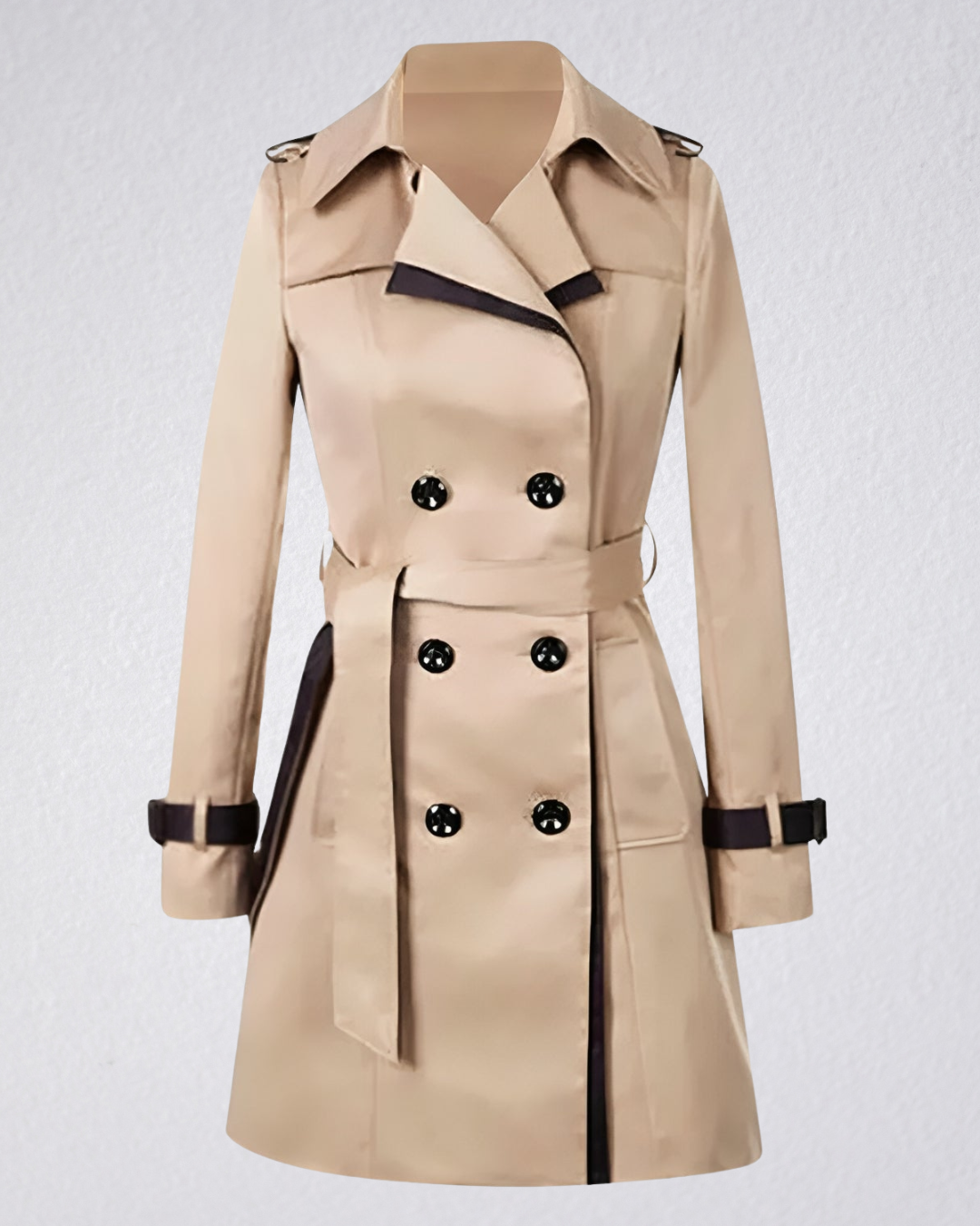Vivienne double-breasted trench coat with contrast trim, model photo