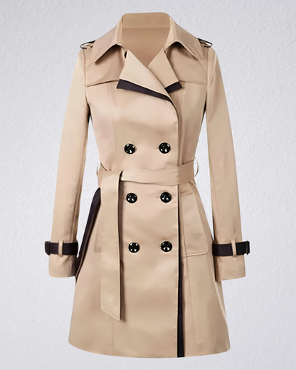 Vivienne double-breasted trench coat with contrast trim, model photo