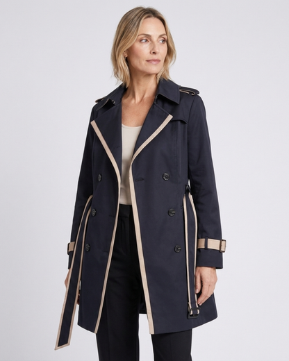 Vivienne double-breasted trench coat with contrast trim, model photo