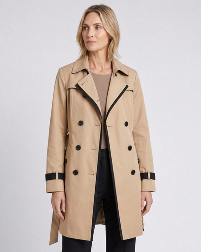 Vivienne double-breasted trench coat with contrast trim in khaki