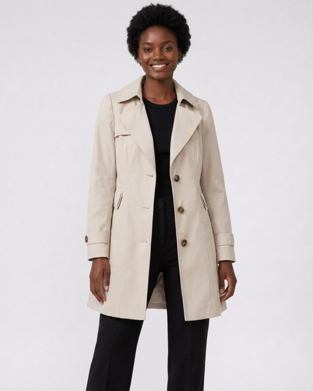 Clara mid-length single-breasted trench coat in beige