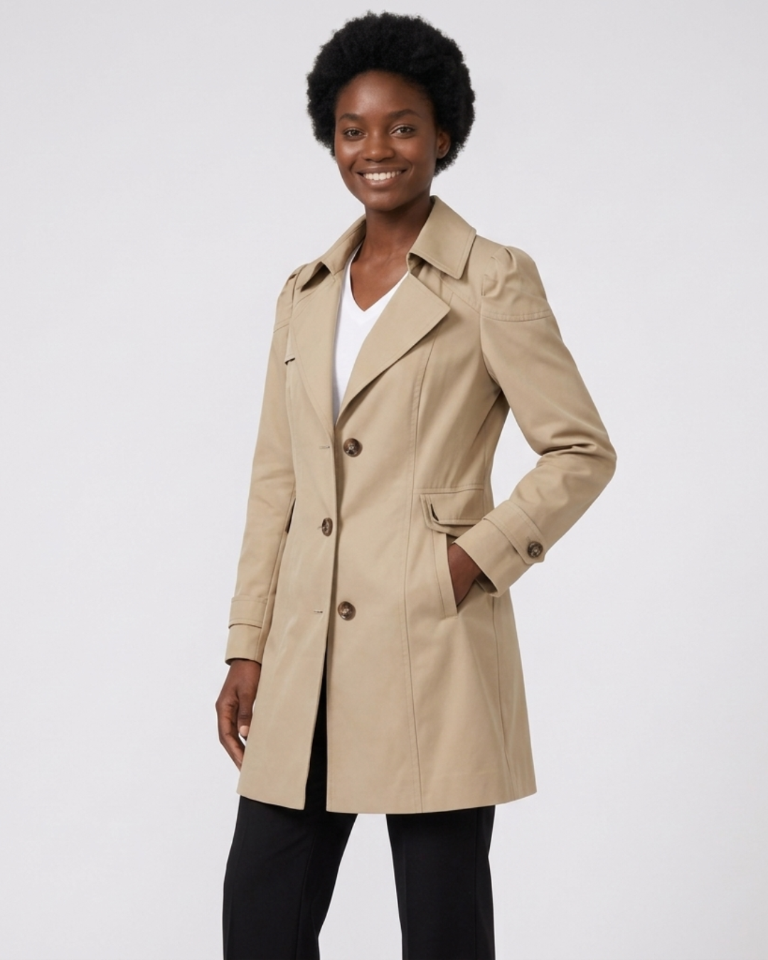 Clara mid-length single-breasted trench coat in khaki