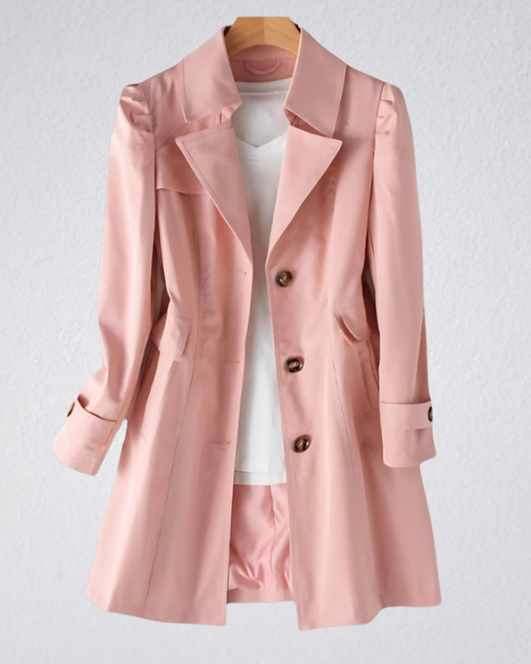 Clara mid-length single-breasted trench coat, model photo