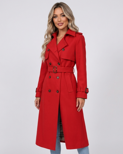 Beatrice belted double-breasted trench coat with check lining in red