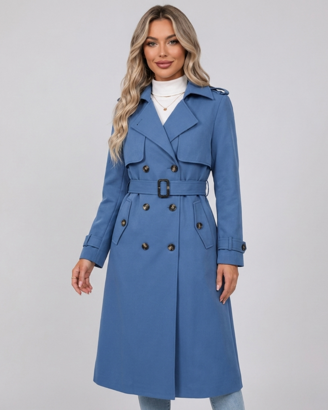 Beatrice belted double-breasted trench coat with check lining in blue