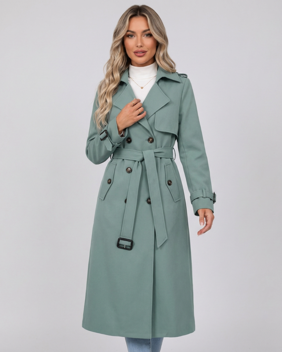 Beatrice belted double-breasted trench coat with check lining in sage green