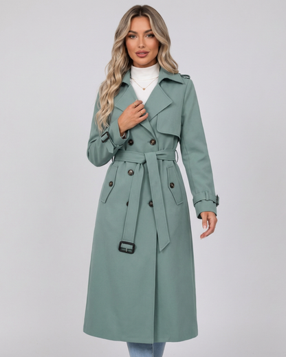 Beatrice belted double-breasted trench coat with check lining in sage green