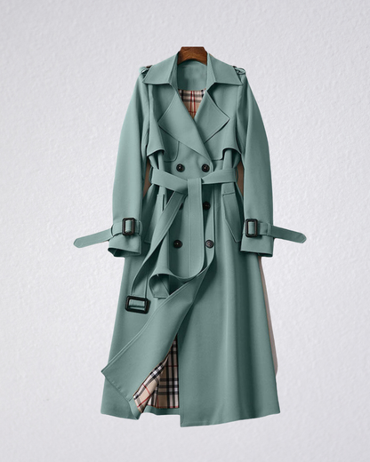 Beatrice belted double-breasted trench coat with check lining, model photo