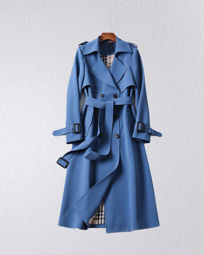 Beatrice belted double-breasted trench coat with check lining, model photo