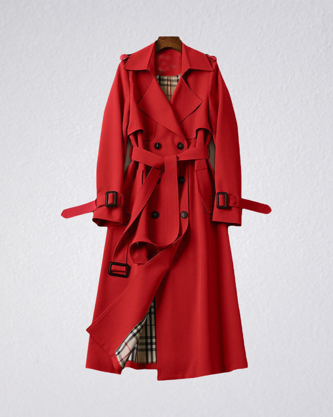 Beatrice belted double-breasted trench coat with check lining, model photo