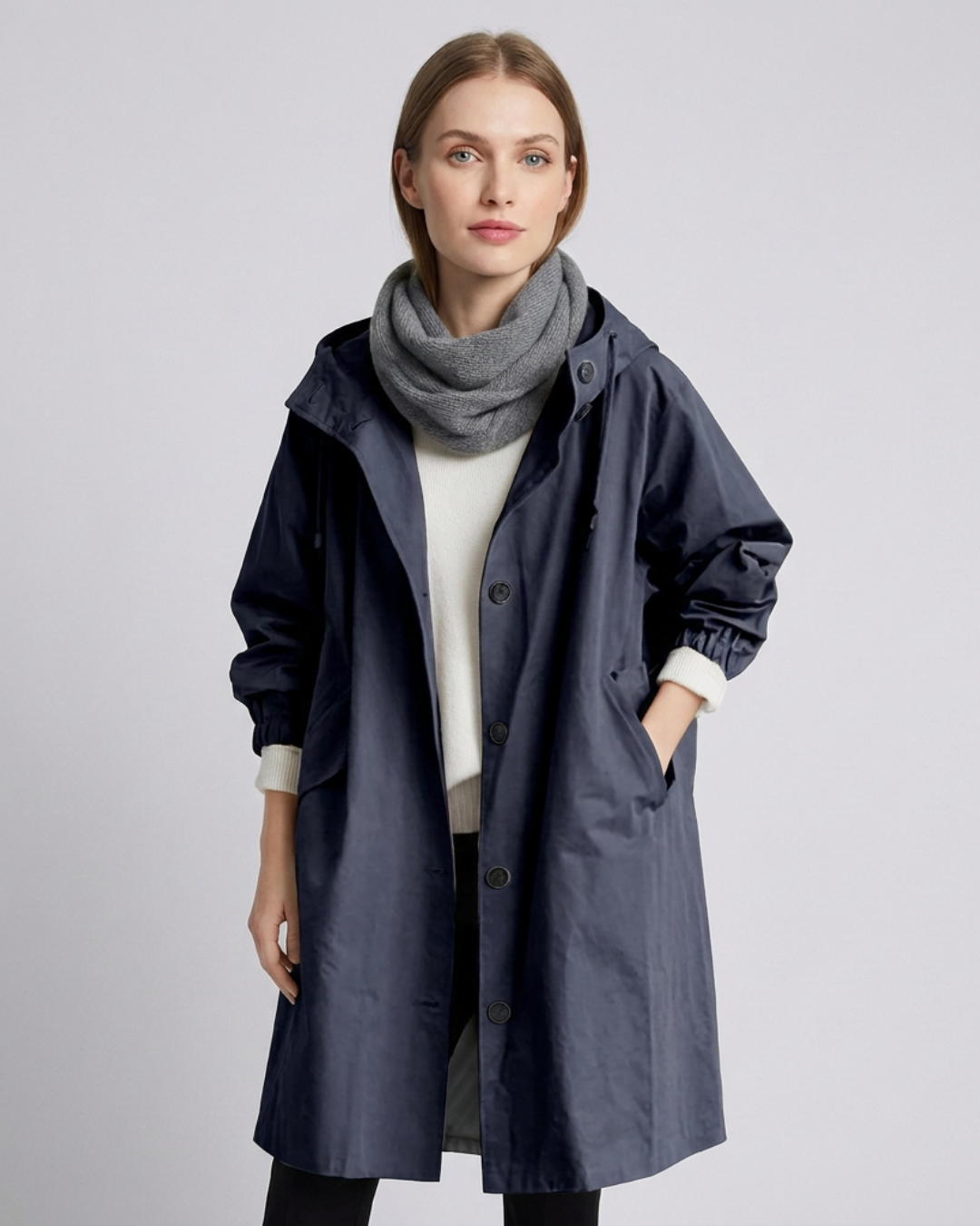 Sienna oversized longline trench coat with detachable hood in navy