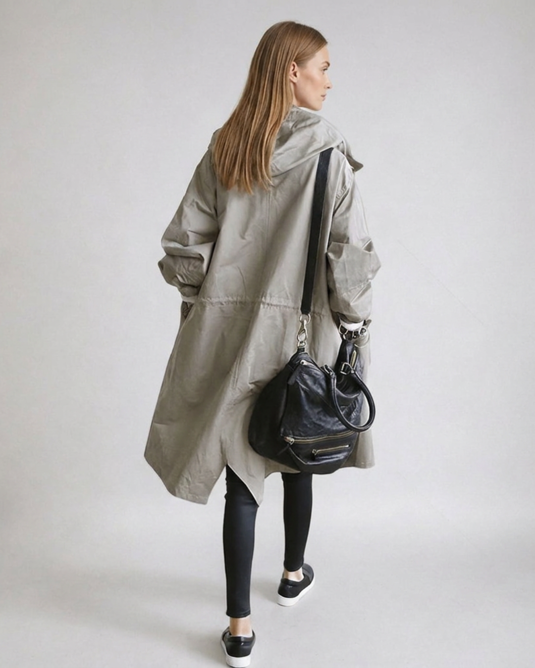 Sienna oversized longline trench coat with detachable hood, model photo