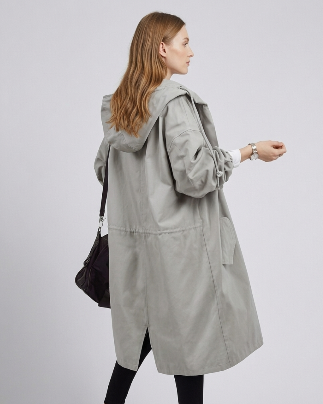Sienna oversized longline trench coat with detachable hood, model photo