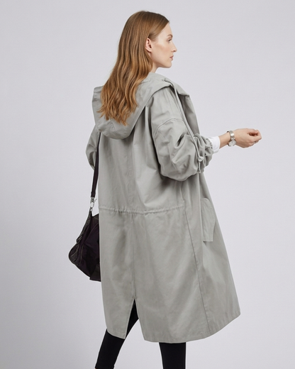 Sienna oversized longline trench coat with detachable hood, model photo